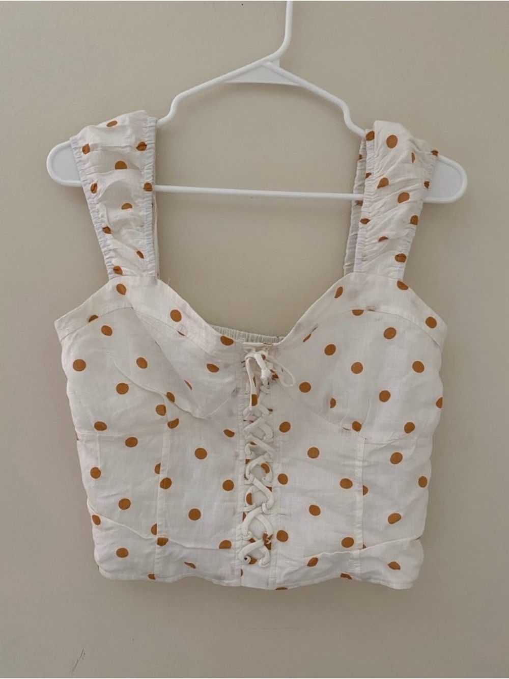 iris White linen blend Crop Top with gold  Polka Dots and Front Lace-Up